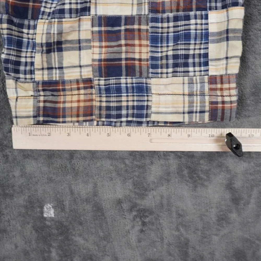 J Crew Patchwork Madras Shorts Mens 32 Blue Tan Plaid Cotton Summer Preppy